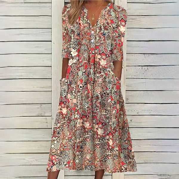 Blumige midi kleid - stilvolles sommerkleid mit taschen