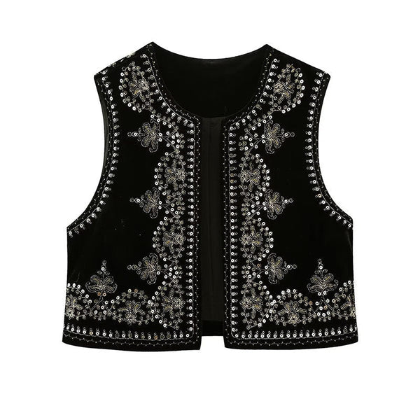 Schwarze bestickte weste - elegante ärmelose jacke für damen