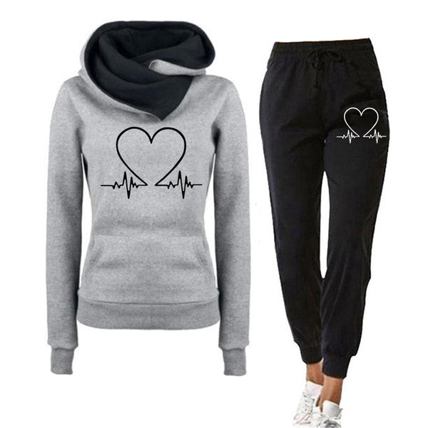 2-teiliger jogginganzug - damen hoodie mit herzfrequenz-druck und jogginghosen