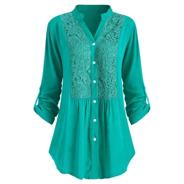 Damen langbluse mit spitzenverzierung - elegante knopfleiste