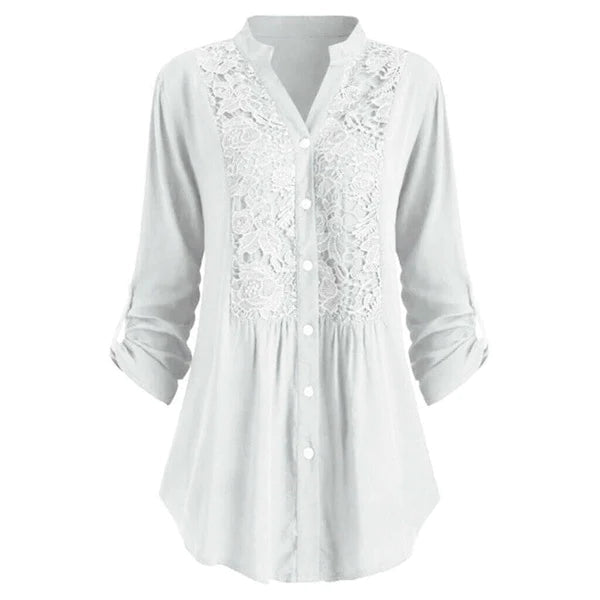 Damen langbluse mit spitzenverzierung - elegante knopfleiste