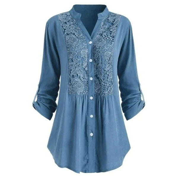 Damen langbluse mit spitzenverzierung - elegante knopfleiste