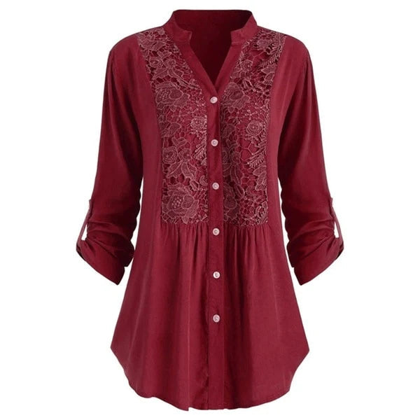 Damen langbluse mit spitzenverzierung - elegante knopfleiste
