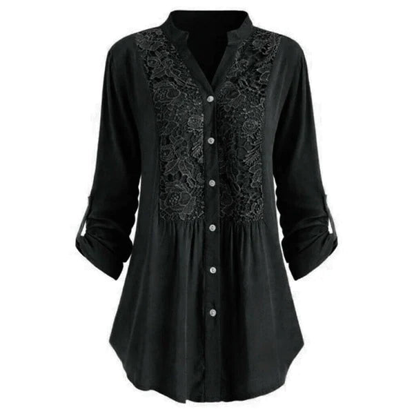 Damen langbluse mit spitzenverzierung - elegante knopfleiste