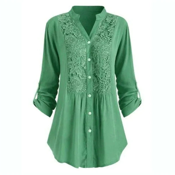 Damen langbluse mit spitzenverzierung - elegante knopfleiste