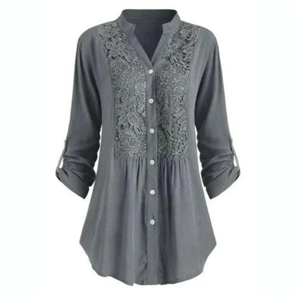 Damen langbluse mit spitzenverzierung - elegante knopfleiste