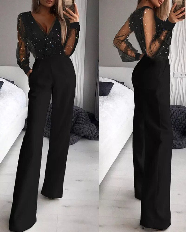 Jumpsuit - stilvoller schwarzer damen-jumpsuit mit transparenter glitzer-details