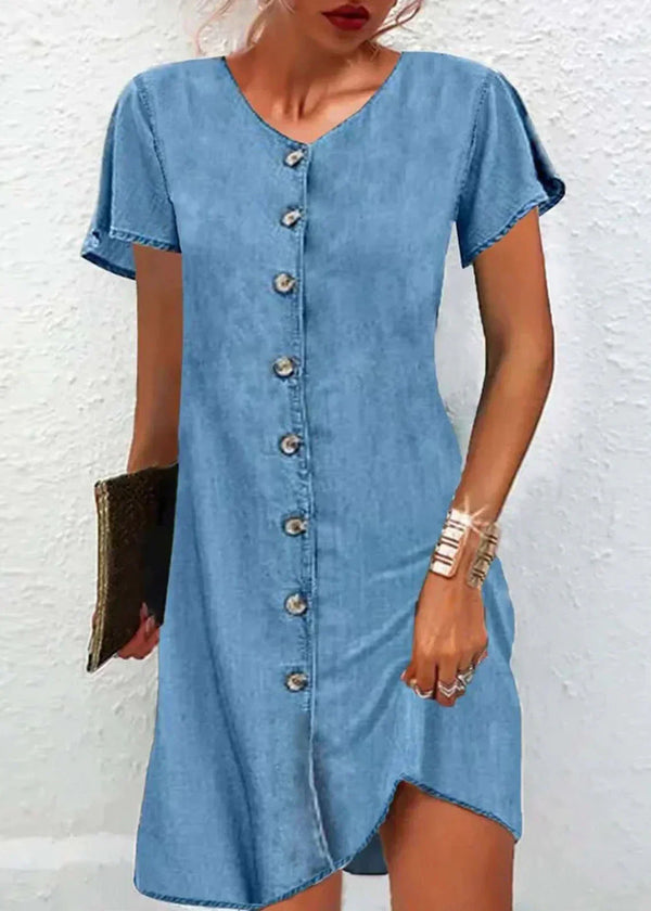 Dä frauen blaue jeanshemd-kleid - stilvolle kurzärmliche freizeitmode