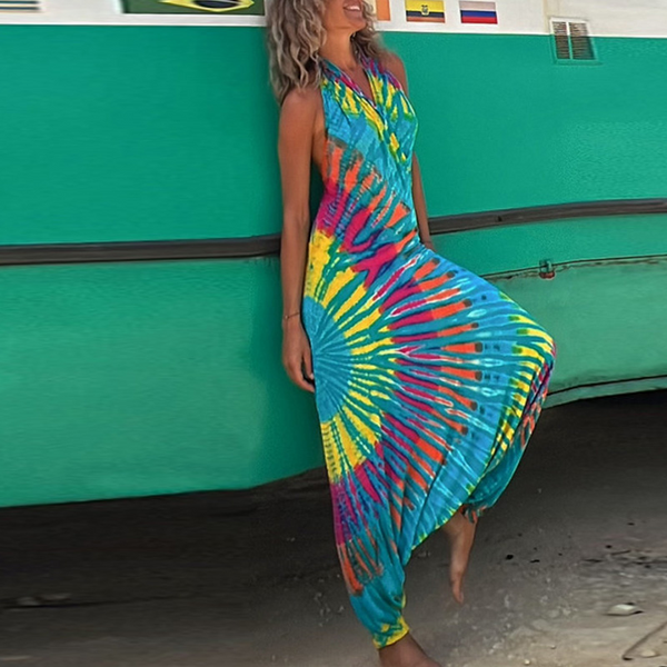 Dämmere blaue tie-dye jumpsuit – farbiges sommer casual wear für frauen