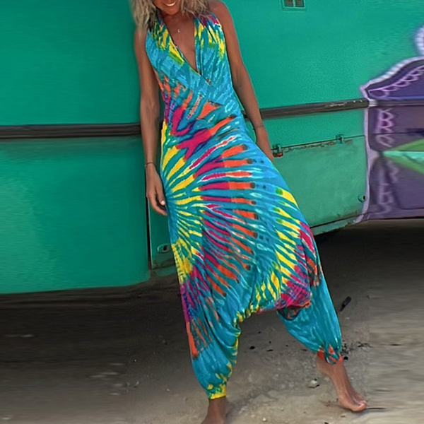 Dämmere blaue tie-dye jumpsuit – farbiges sommer casual wear für frauen
