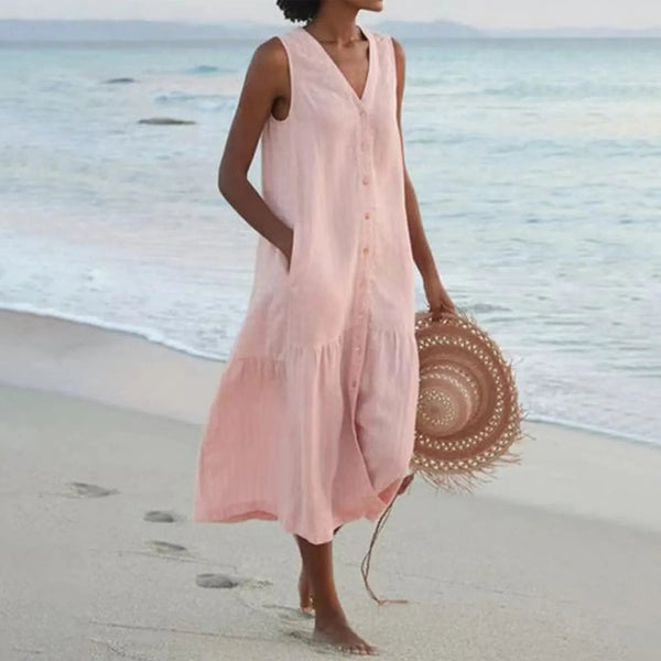 Dame midi hemdblusenkleid mit knopf-details - lässig für strand und alltag