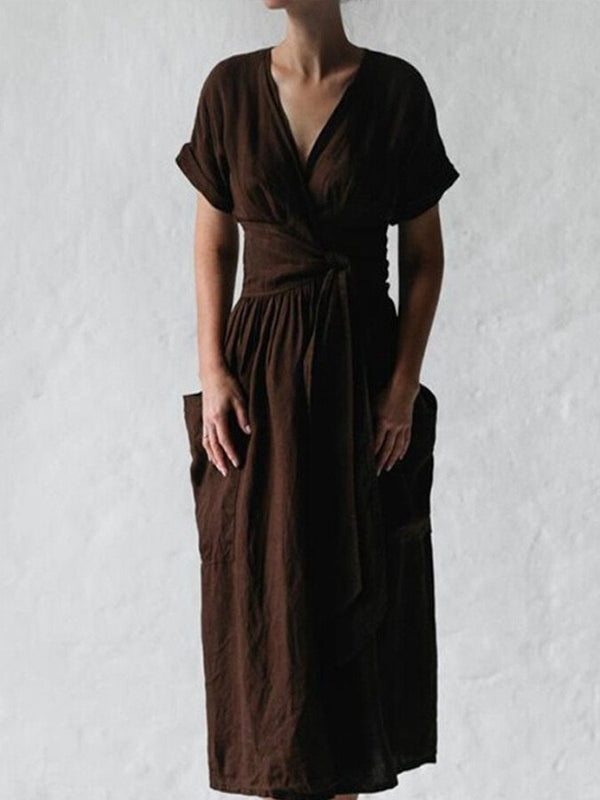 Leinen wickelkleid mit gürtel - elegantes midi-kleid für damen