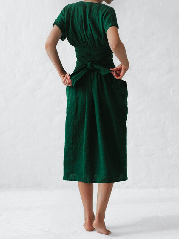 Leinen wickelkleid mit gürtel - elegantes midi-kleid für damen