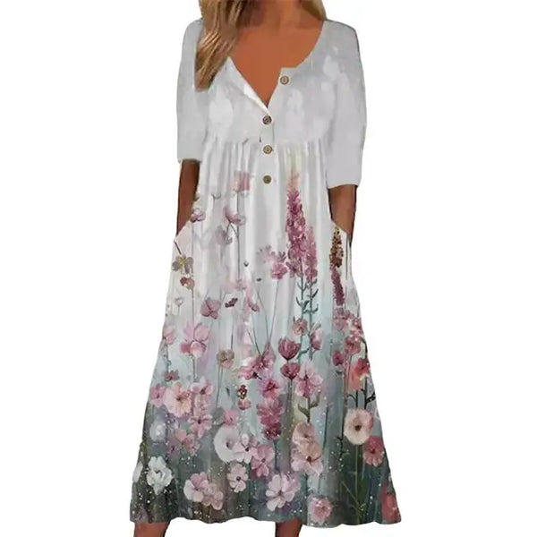 Blumen midi-kleid - stilvolles knopfkleid mit taschen für damen