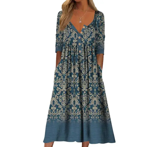Blumen midi-kleid - stilvolles knopfkleid mit taschen für damen