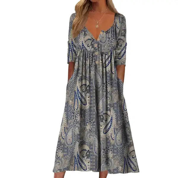 Blumen midi-kleid - stilvolles knopfkleid mit taschen für damen