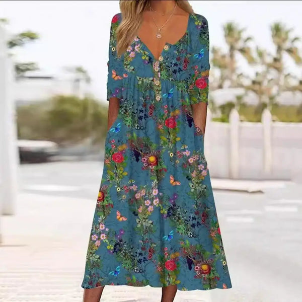 Blumen midi-kleid - stilvolles knopfkleid mit taschen für damen