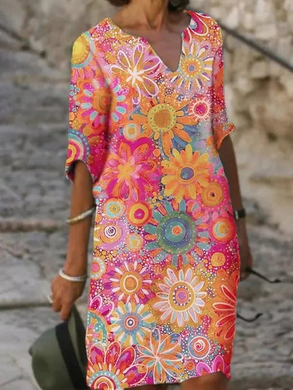 Blumiges tunika-kleid - lebhaftes casual sommerkleid für damen