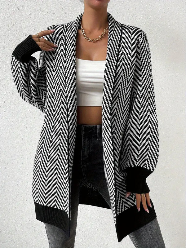 Geometrisches muster strickjacke - offene front damen pulli in bunten farben