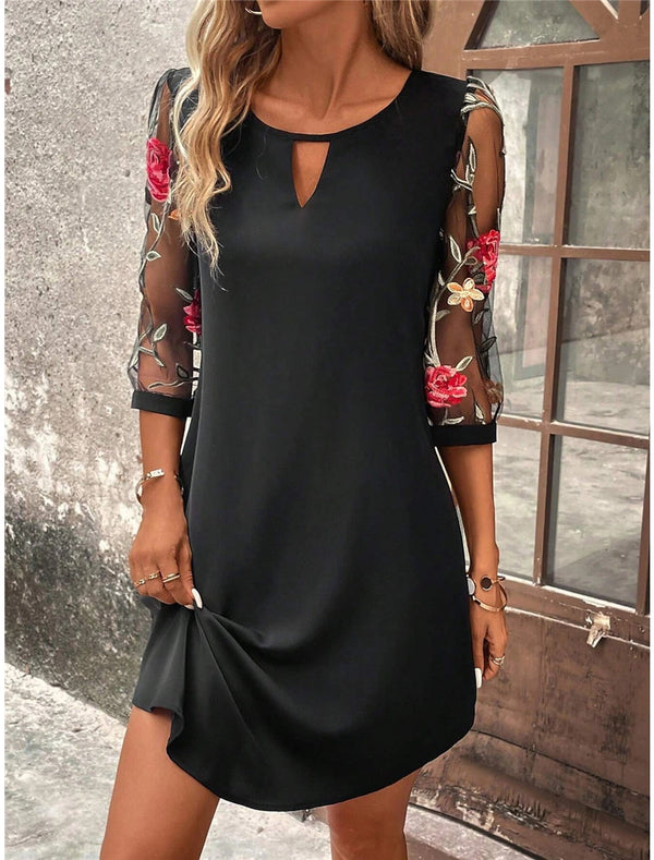 Besticktes shiftkleid - elegantes kleid mit durchsichtigen ärmeln