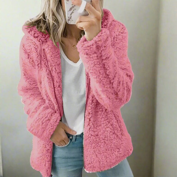 Teddy-Fleece-Mantel mit Kapuze für Damen – weicher Wintermantel mit Reissverschluss