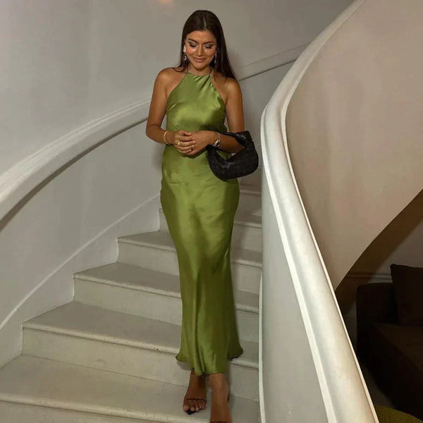 Grünes satin maxikleid - edles abendkleid für frauen