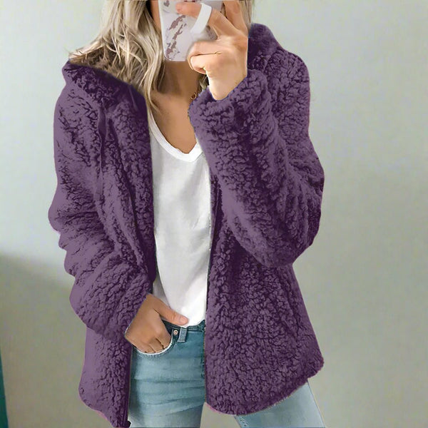 Teddy-Fleece-Mantel mit Kapuze für Damen – weicher Wintermantel mit Reissverschluss