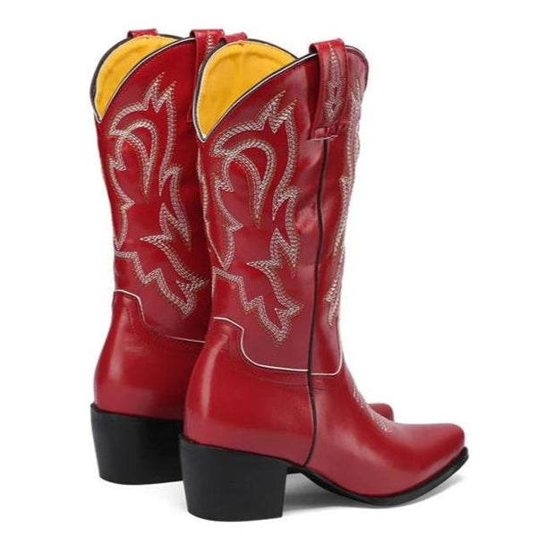 Rote und schwarze cowboy-stiefeletten mit blumenstickerei für damen – knöchelhohe stiefel