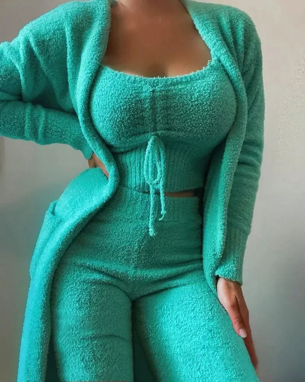 3-teilige kuschelige fleece lounge-kombination - weiche damenpyjama für herbst & winter