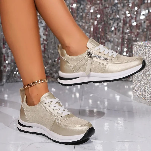 Dä damen silver-tone sneaker - stilvolle gemütlich trainer mit zip-detail