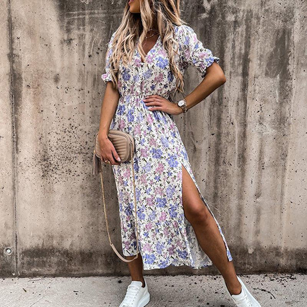 Blumen-maxi-kleid - elegante damen sommerkleid mit seitenschlitz