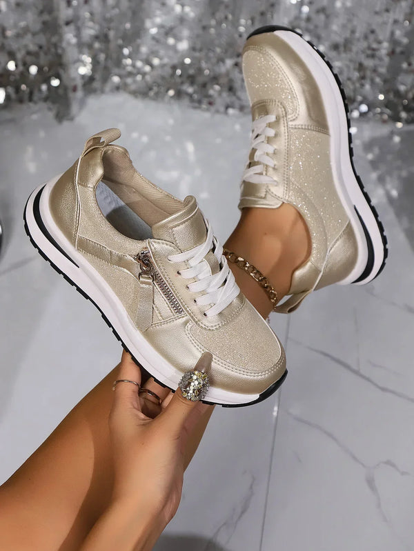 Dä damen silver-tone sneaker - stilvolle gemütlich trainer mit zip-detail