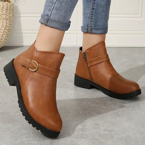 Retro-Stiefeletten aus Kunst für Damen – niedriger Absatz mit Schnallenverschluss