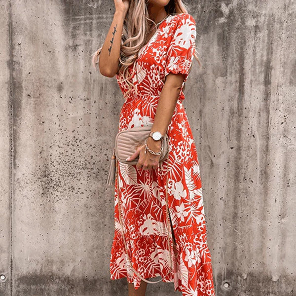 Blumen-maxi-kleid - elegante damen sommerkleid mit seitenschlitz