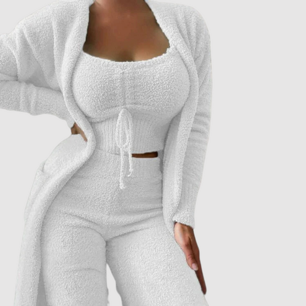 2-teilige loungewear kombination - flauschige damen cardigan und crop top outfit