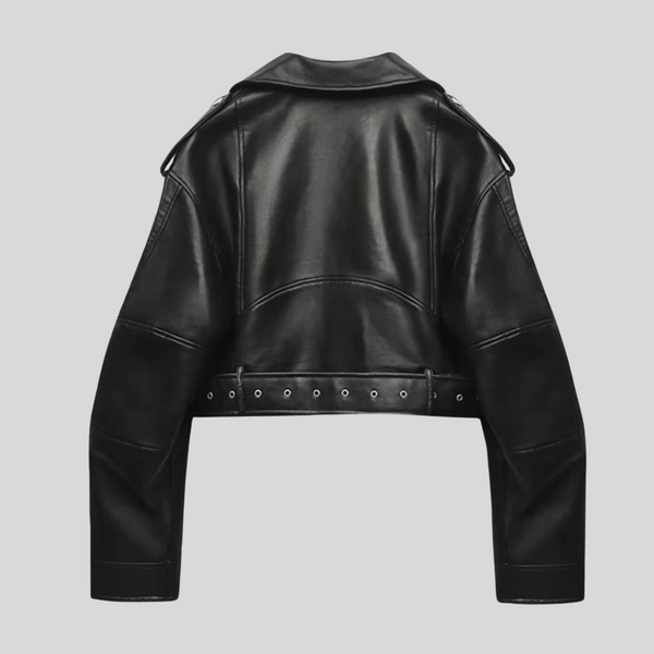 cropped bikerjacke - elegante schwarze damenjacke mit gürtel