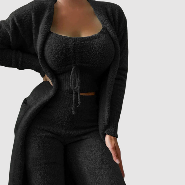 2-teilige loungewear kombination - flauschige damen cardigan und crop top outfit