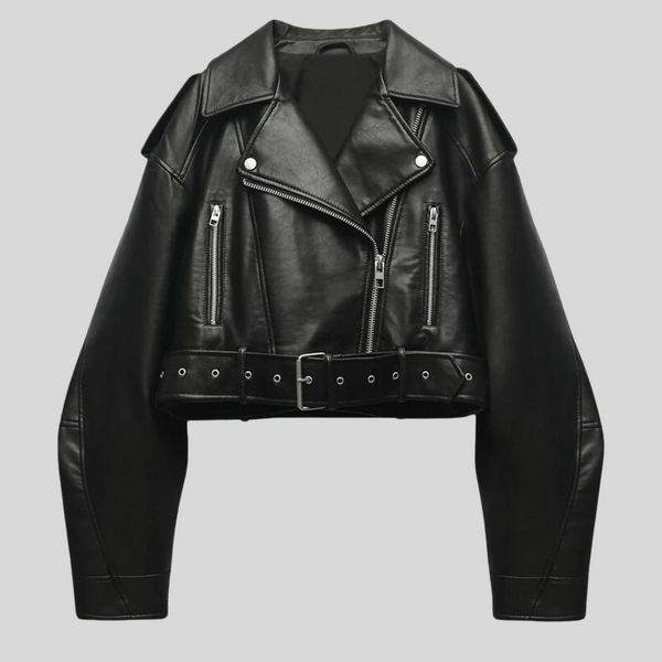 cropped bikerjacke - elegante schwarze damenjacke mit gürtel