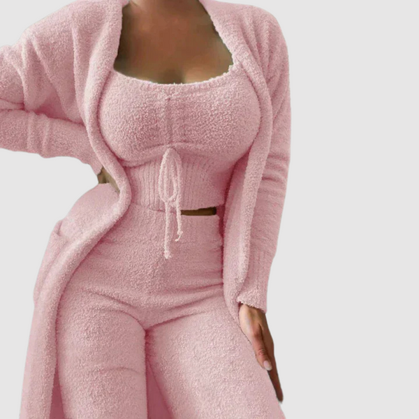 2-teilige loungewear kombination - flauschige damen cardigan und crop top outfit
