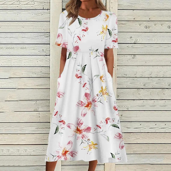 Blumen-midikleid – traumhaft weisses damenkleid mit taschen