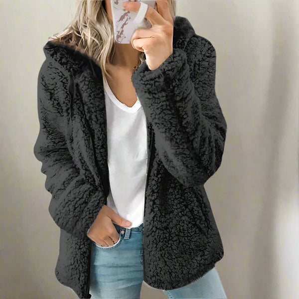 Teddy-Fleece-Mantel mit Kapuze für Damen – weicher Wintermantel mit Reissverschluss