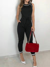 Schwarz jumpsuit - stilvoller ärmelloser damen jumpsuit mit gürtel
