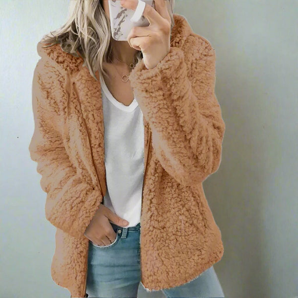 Teddy-Fleece-Mantel mit Kapuze für Damen – weicher Wintermantel mit Reissverschluss