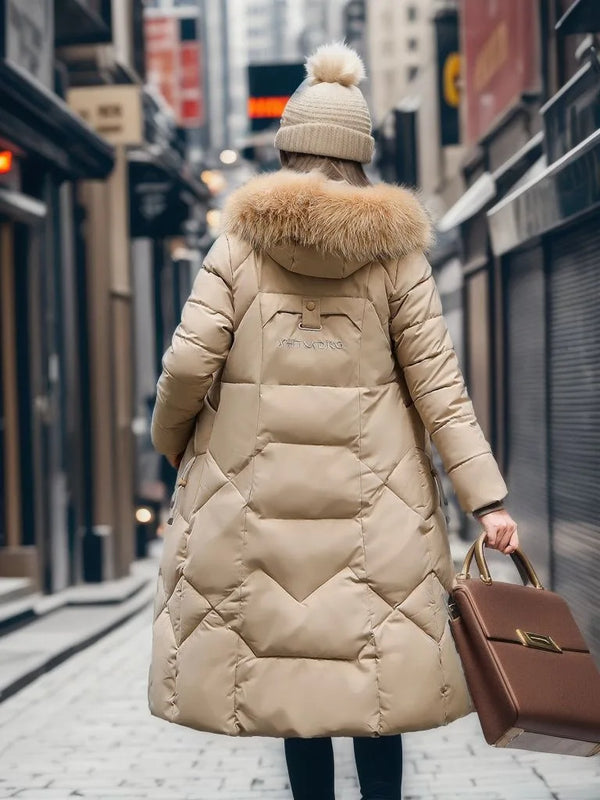 Gepolsterte lange Damenjacke – Winterjacke mit Kunstfellkrage
