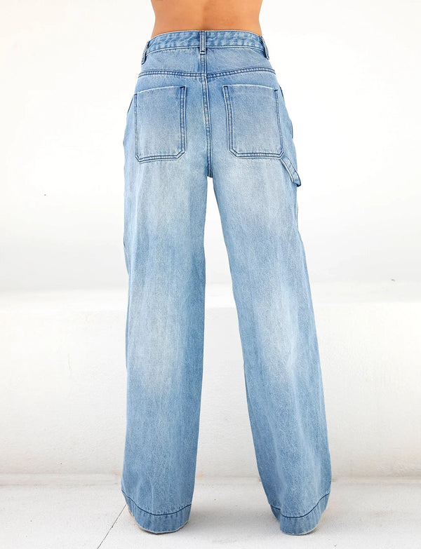 Weite jeans mit hohem bund - blaue damenhose