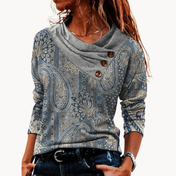 Damen grauer pullover mit muster - elegante damenoberteil mit gefaltetem kragen