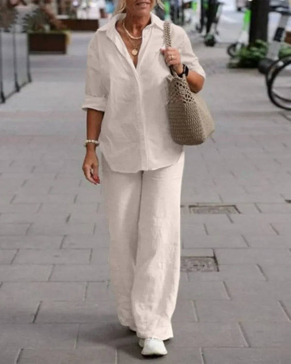 Linen hemd und hose – elegante freizeitmode für frauen