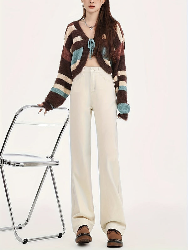 Weite hosen - trendige ivory-weisse high-waist-hosen für damen
