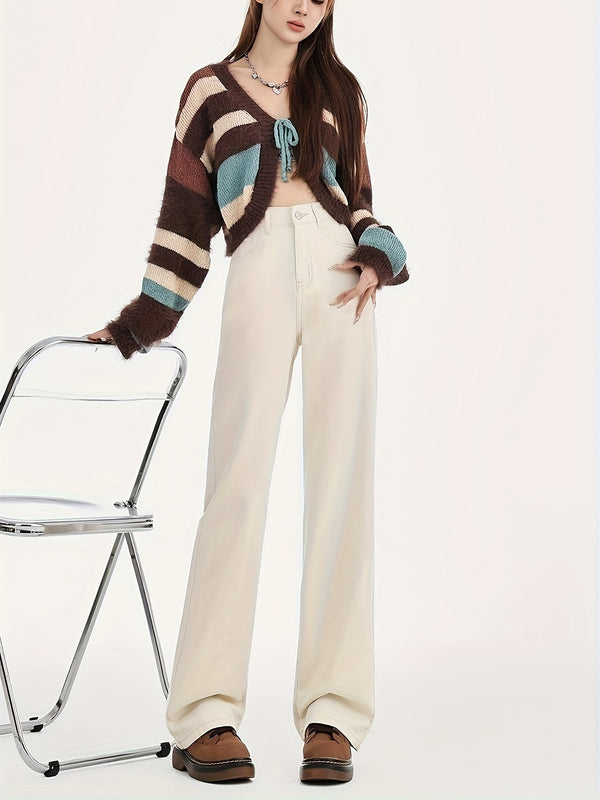 Weite hosen - trendige ivory-weisse high-waist-hosen für damen