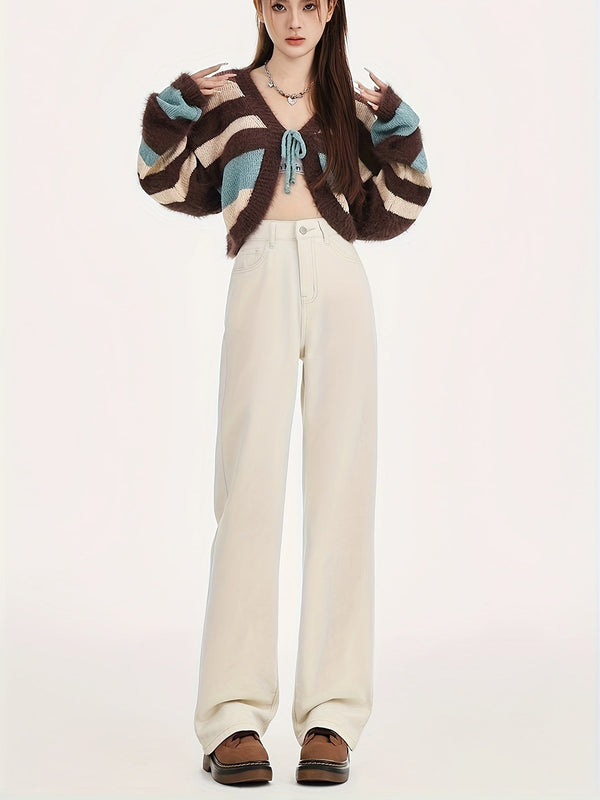 Weite hosen - trendige ivory-weisse high-waist-hosen für damen